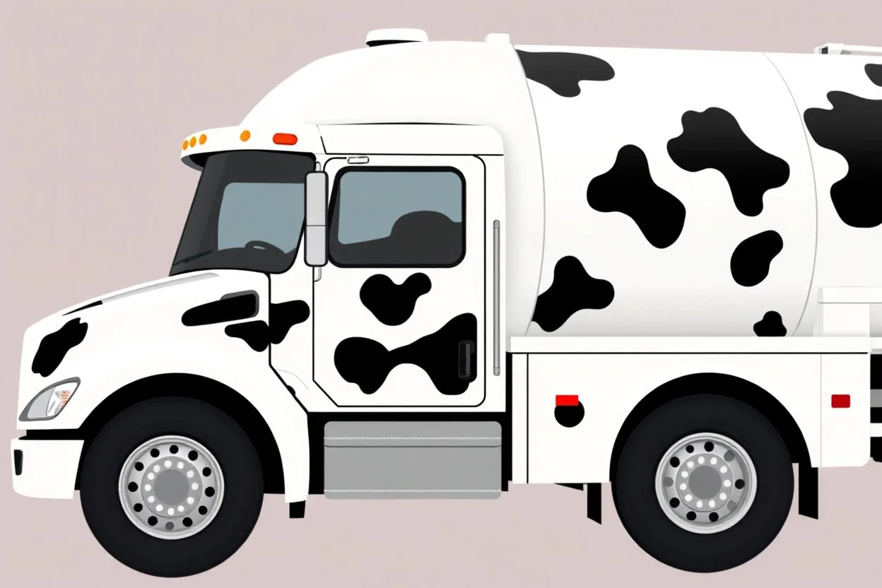 side view of a white fuel truck with black cow spots, illustration