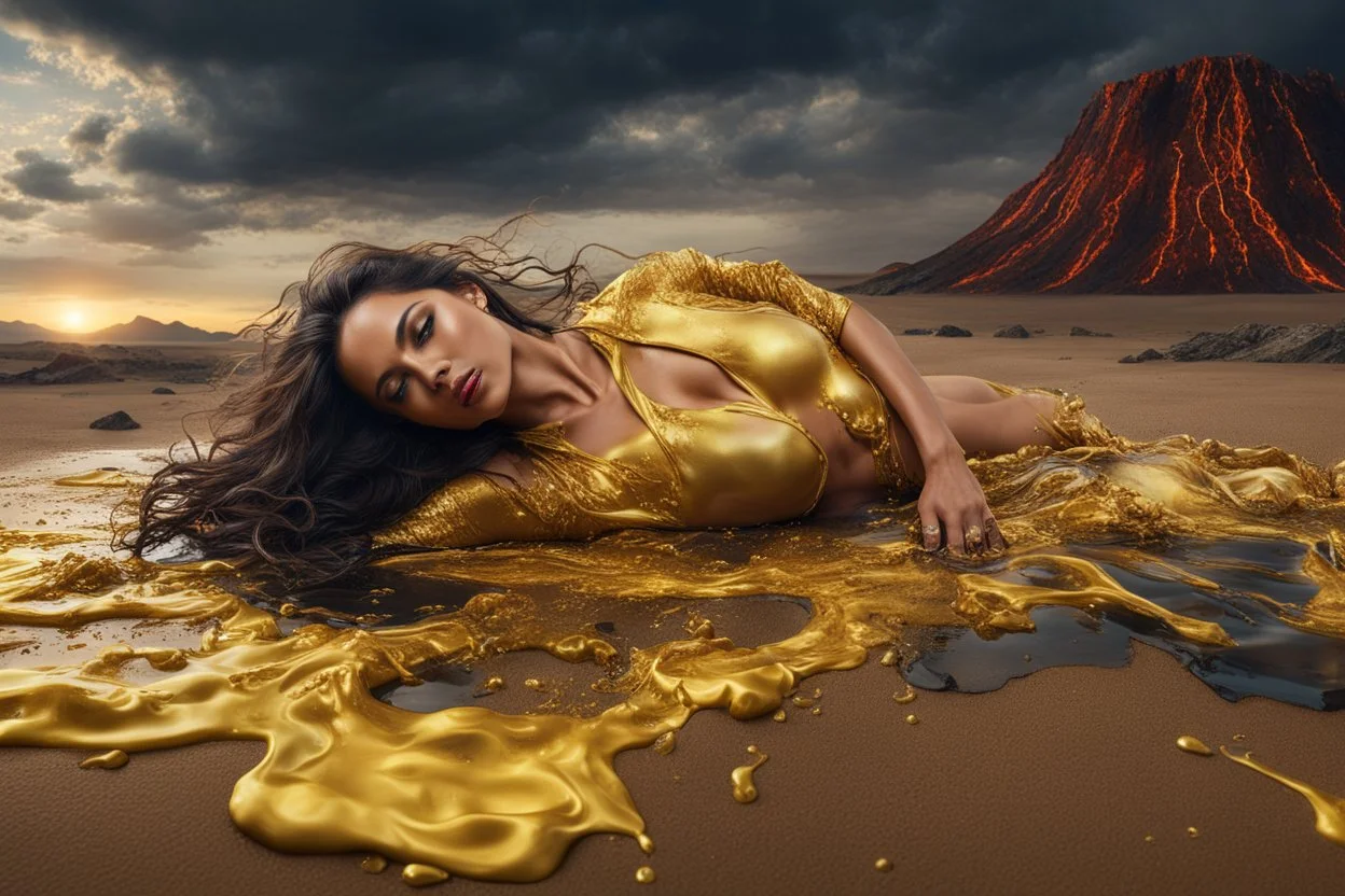 A hyper-realistic photo, beautiful face woman lying on ground disintegrating into gold dripping ink and slime::1 ink dropping in water, molten lava, long legs, 4 hyperrealism, intricate and ultra-realistic details, cinematic dramatic light, cinematic film,Otherworldly dramatic stormy sky and empty desert in the background 64K, hyperrealistic, vivid colors, , 4K ultra detail, , real , Realistic Elements, Captured In Infinite Ultra-High-Definition Image Quality And Rendering, Hyperrealism