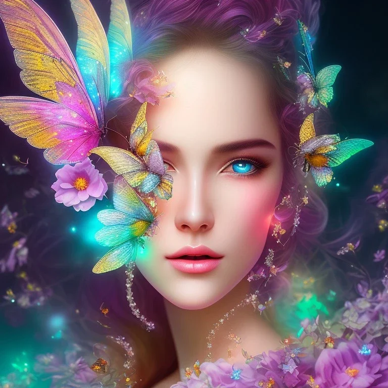 bright fairy, beautiful portrait, flowery luminous pastel colors, butterfly