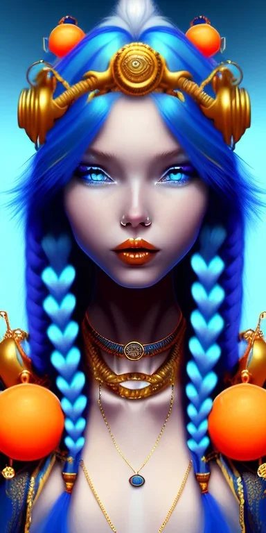 human kingfisher girl with blue hair and orange strand of hair wearing a blue winter coat and a gold necklace. kingfisher sitting on top of her head