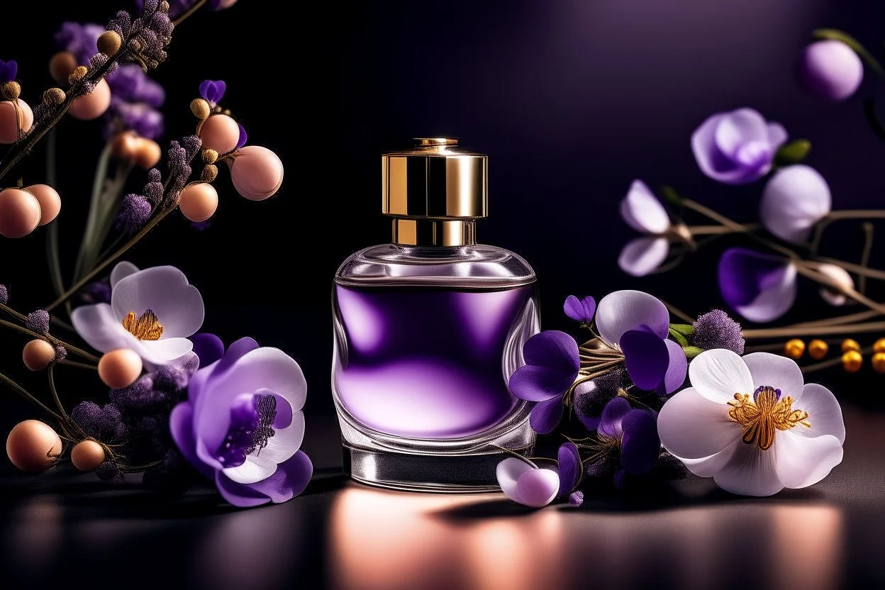 top shot of a perfume bottle on a purple table with flowers, gray spheres in the background, product photography in style of Kodak Portra — style raw — q 2 — s 250 — v 5.2 — ar 9:16