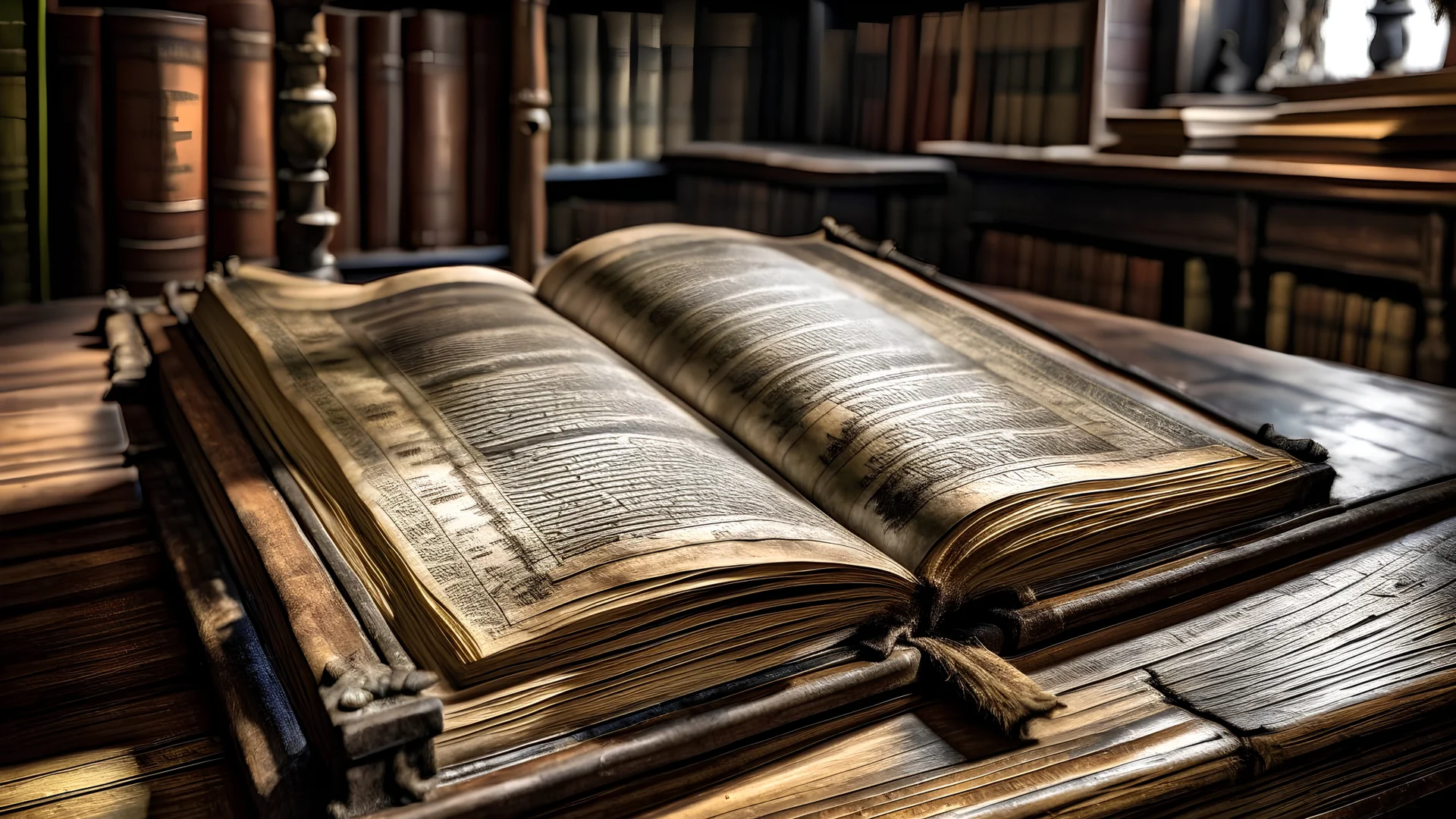 ancient book open on a library table