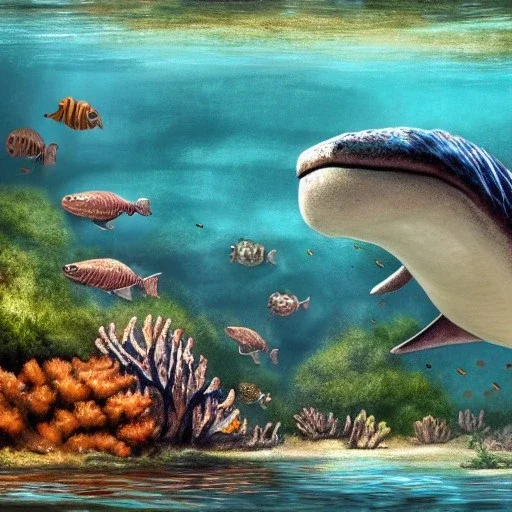 beautiful, stunning paleoart of mosasaurus swimming underwater with coral reefs, plants, centered, julius csotony, eleanor kish, davide bonadonna, fabio pastor, paleoart, photorealistic, illustrative, digital art, 8k resolution, detailed matte, painting, artwork, masterpiece, jurrasic park