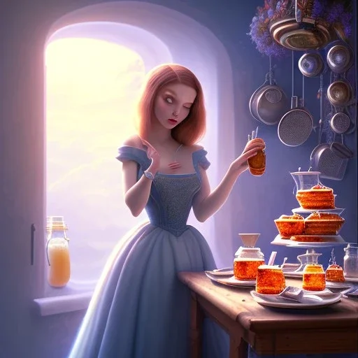 pixar style, realistic painting of a women in dress and a jar jam marmelade in kitchen,volumetric blue sky environment and background, volumetric lighting,dramatic lighting, detailed digital painting, extreme dense and fine fur, anime, ornate, colour-washed colors, elegant, small minutiae, tiny features, particulars, centered, smooth, sharp focus, renderman gofur render, 8k, uhd, detailed eyes, realistic shaded volumetric lighting,caustics,backlight, full body