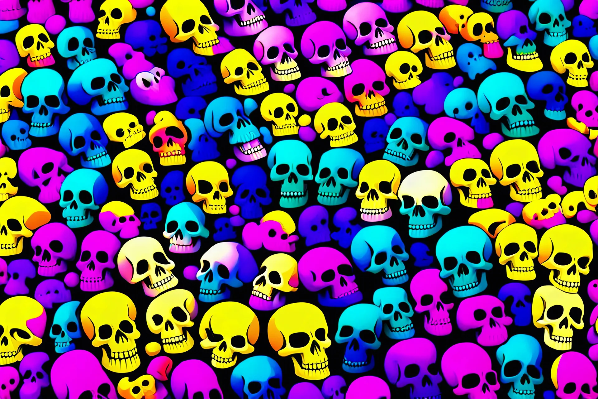 a field of 1000s of cartoonish, anatomically correct, skulls, vivid RANDOM BRIGHT neon colors, dark comedy, well lit, high detail, photorealistic, horrorcore, fun, scary, none featured, each a different color or hue,
