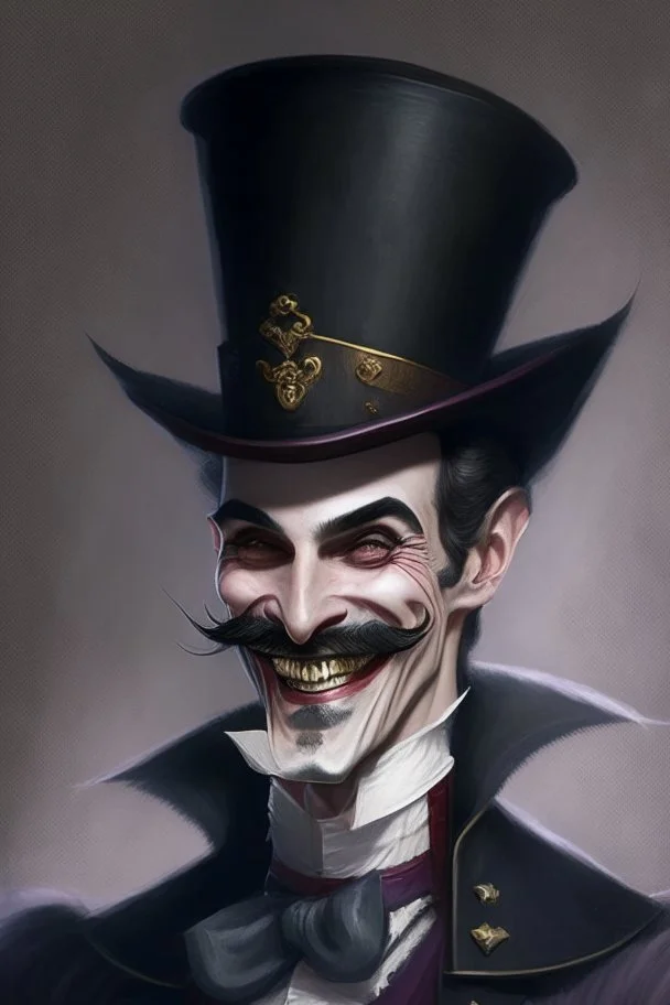 Strahd von Zarovich with a handlebar mustache wearing a top hat looking very happy