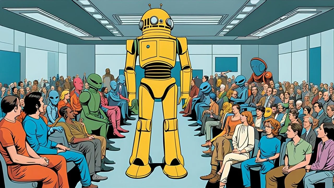 photo from the futuristic waiting room of a studio, a large crowd waits in a giant room. the aliens mutant humans, strange fantastical creatures, droids, and a few human-like beings of all sizes, colors, shaped and looks, standing and sitting in the crowd. high detalied, sharp focus, photorealistic, sci-fi style Professional photography, bokeh, natural lighting, canon lens, shot on dslr 64 megapixels sharp focus, photorealistic