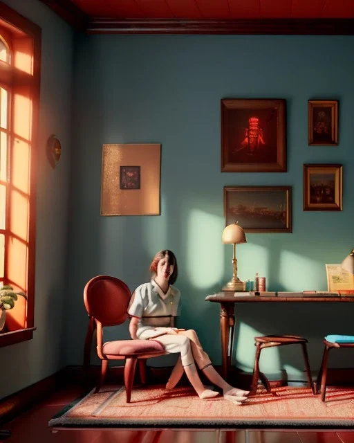 Room scene with sit woman, Wes Anderson style, realistic photo, concept art, smooth, unreal engine 5, god lights, ray tracing, RTX, lumen lighting, ultra detail, volumetric lighting, 3d.