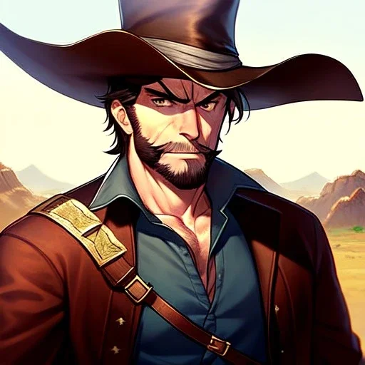 Portrait, Bearded, gunslinger, short brown hair, serious eyes, wild west Coat, intricate details, serious, highly detailed,