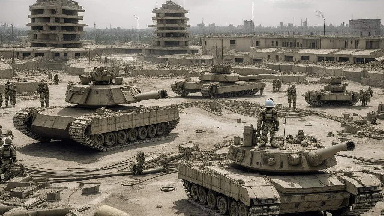 Israeli soldiers and tanks stand on a very large chessboard in the middle of a destroyed city