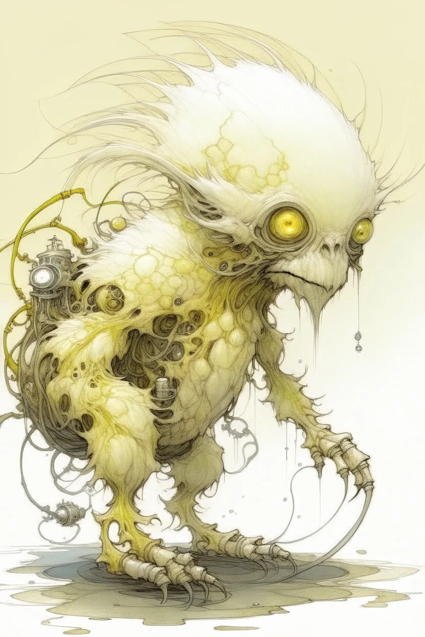 Artist Jean-Baptiste Monge style. A mechanical humanoid pale yellow filament-creature. White furry liquid tendrils. White eyes.