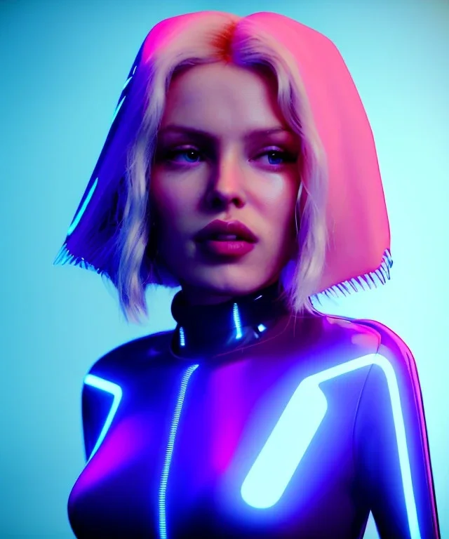 Actress, young Kylie Minogue, android woman, clean skin, circuits, ghost in the shell, latex coat, feather, cyber punk, neon, bamboo, blood, portrait, studio photo, unreal engine 5, soft color, 16 bit, god lights, ray tracing, RTX, lumen lighting, ultra deatail, volumetric lighting, 3d, finely drawn, hd.