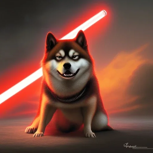 darth shiba inu sith lord with red light saber glowing