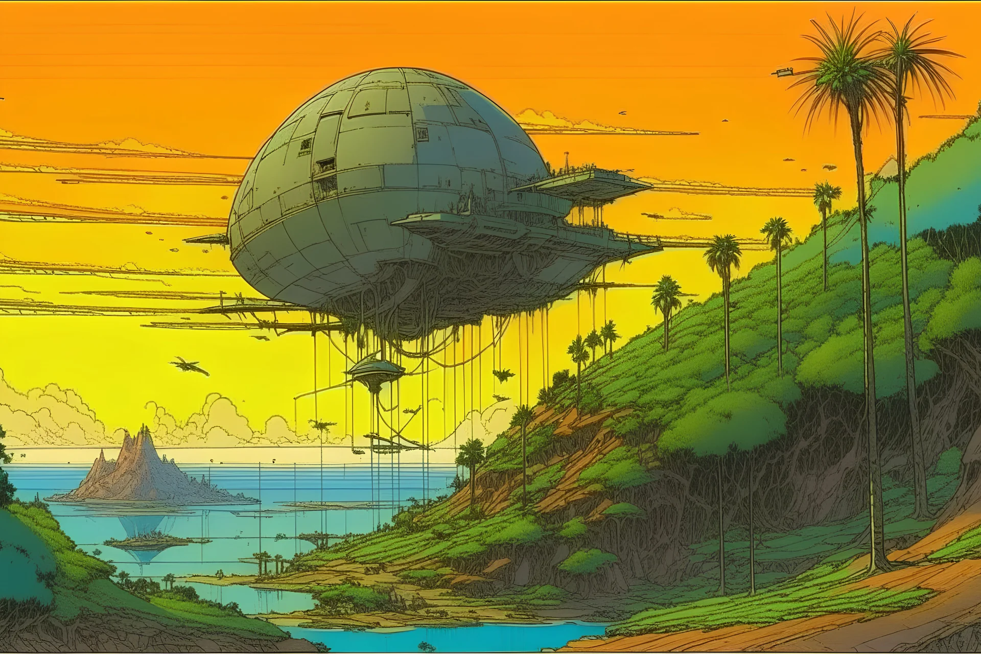 lush dense jungle, sunset, horizon view spacecraft wreck by moebius