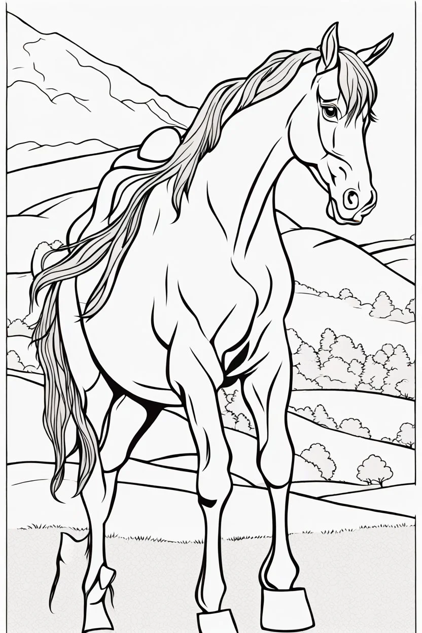 coloring page for kids, horse, thick outline, low details, no shading, no color