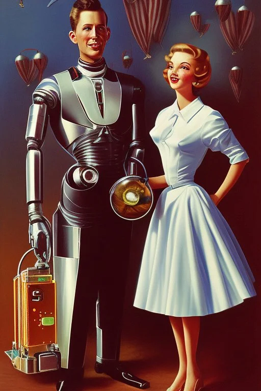 american dream painint man holding a robot girl 1950s