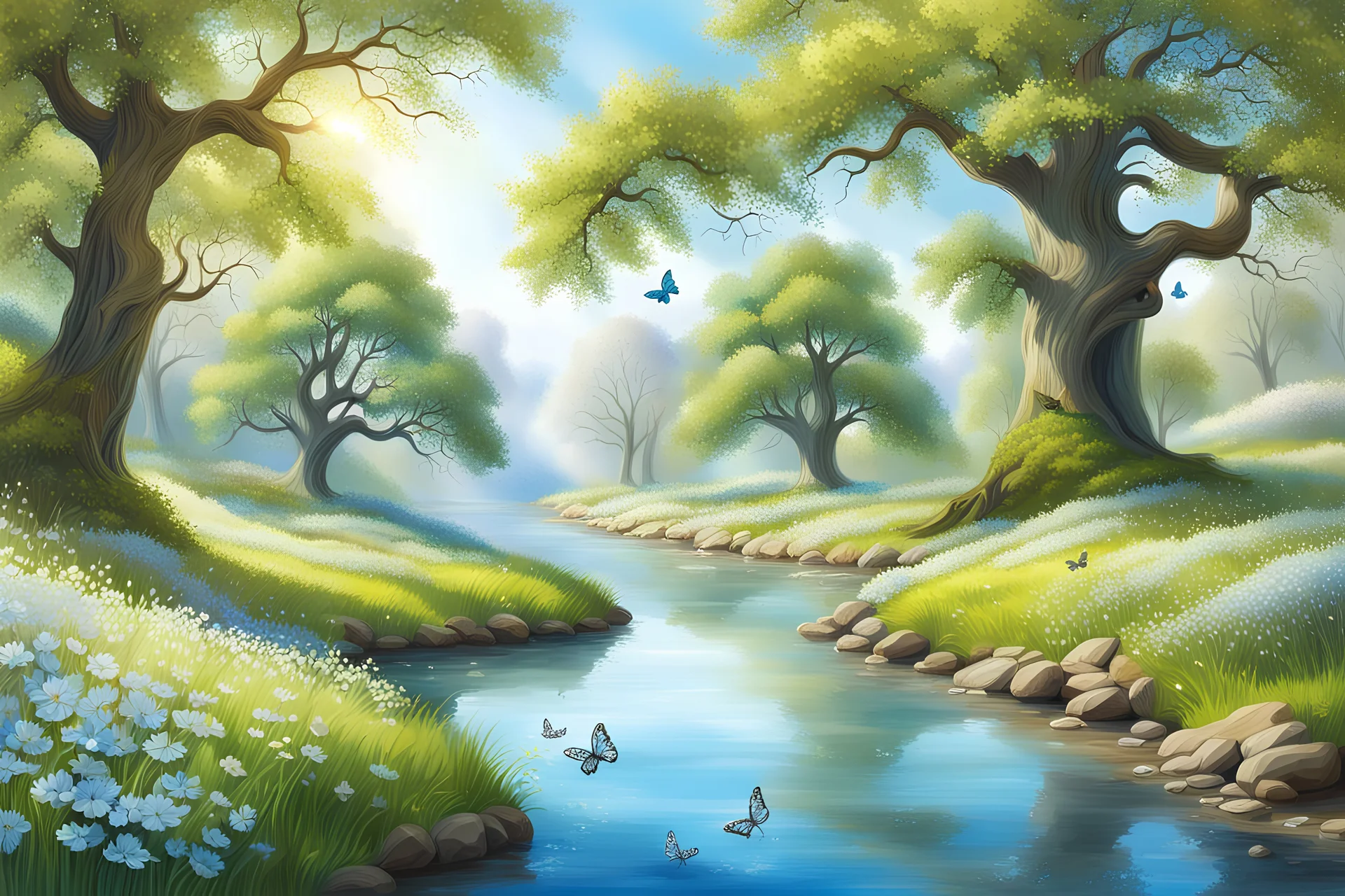 Spring, magical forest with huge old oak trees, a river running from back to front, grassy river banks with pale blue and white wildflowers, butterflies and birds, clear sunny day, detailed, professional art