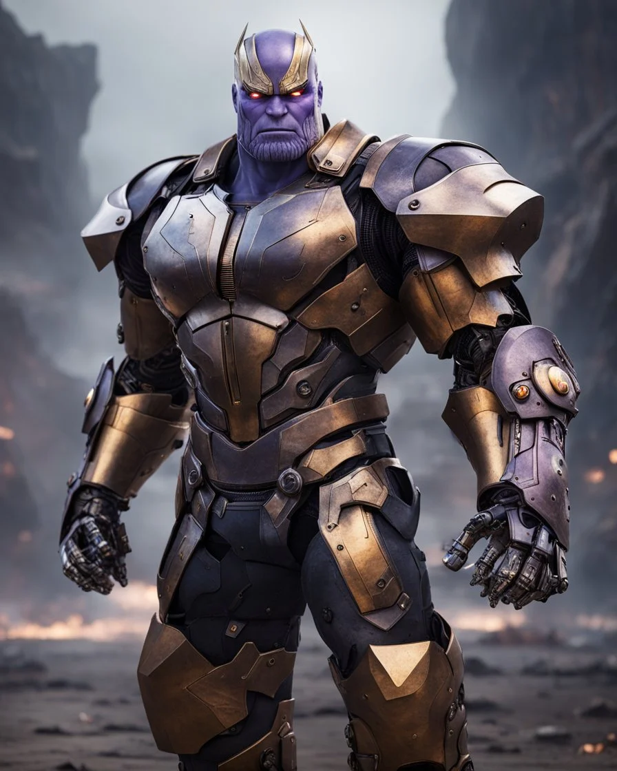 A brave robo thanos warrior with leather and metal combat clothes robotic metal with Chafee robo fighter dark