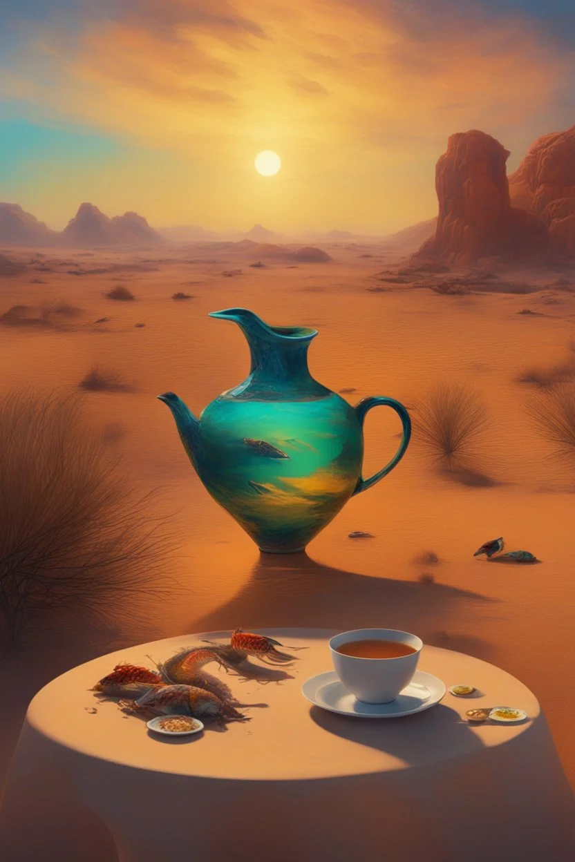 abstract and obsurt scene of an astraunot in the desert drinking tea at a round table, a dead fish is nearby, super realistic, 8k quality, striking colours, chaos80