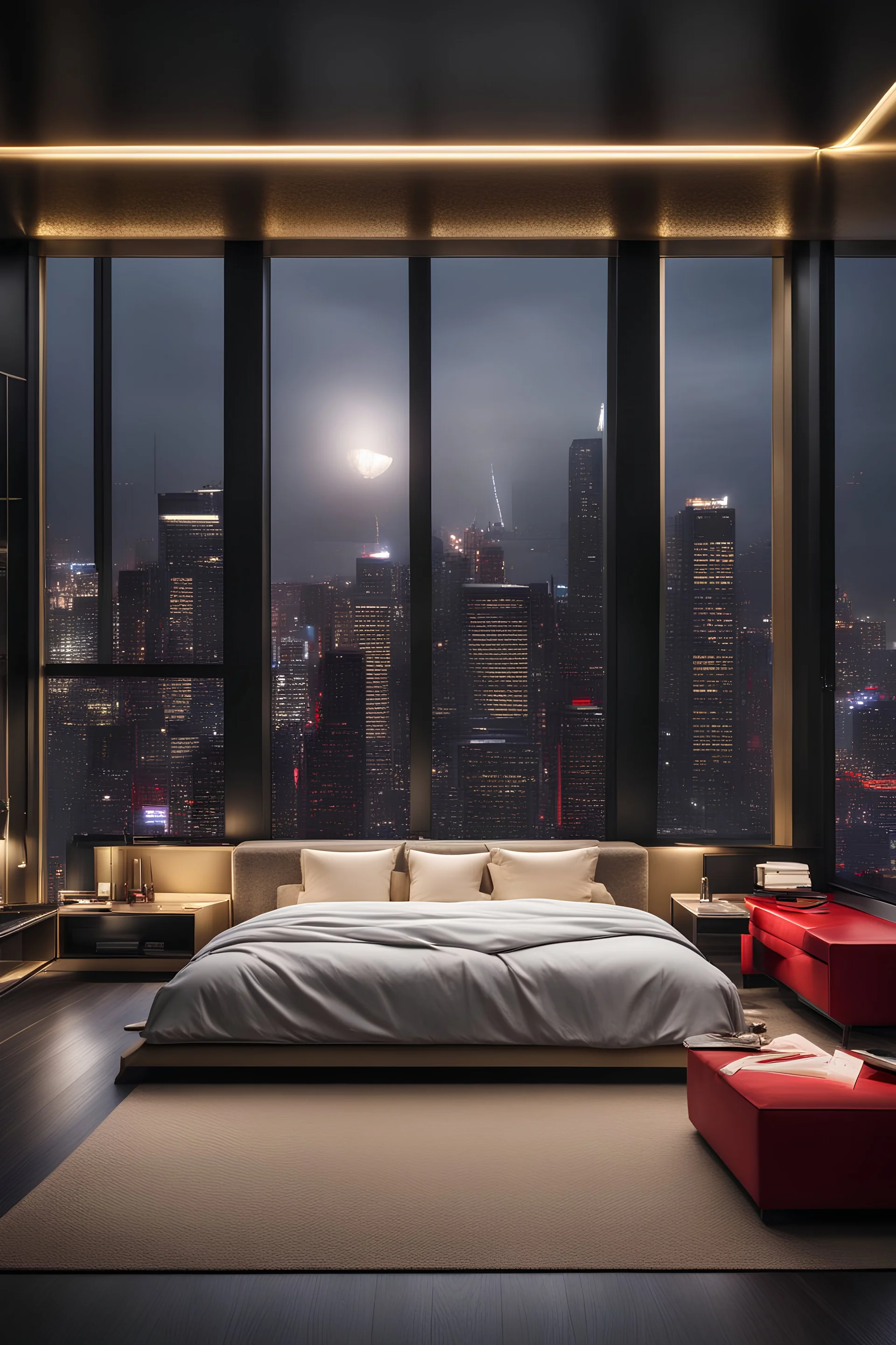 fancy, modern, luxury, big bedroom, minimalism, royal, gold, black, white, red, big window overlooking fancy big city at the night, office room, mafia vibe