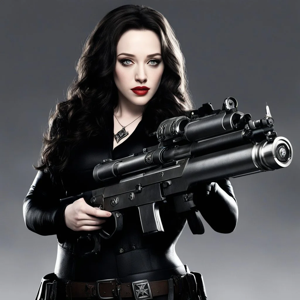 Kat Dennings holds The Deicide, a weapon of immense power, forged in the depths of hell itself, brushed nickel. The double trigger system, a design that ignites the imagination. The grenade launcher, a destructive force to be reckoned with. And the pentagram, a symbol of ultimate power and darkness. The God Killer in hell, a story waiting to be told through art.