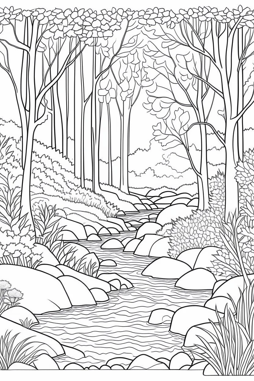 coloring page, realistic, woodland retreat, Peaceful Woodland Stream, full view, coloring page, only draw lines, coloring book, clean line art, –no sketch, color, –ar 3:4, white background, minimalistic black lines, minimal black color, low level black colors, coloring page, avoid thick black colors, thin black line art, avoid colors, perfect shape, perfect clear lines,