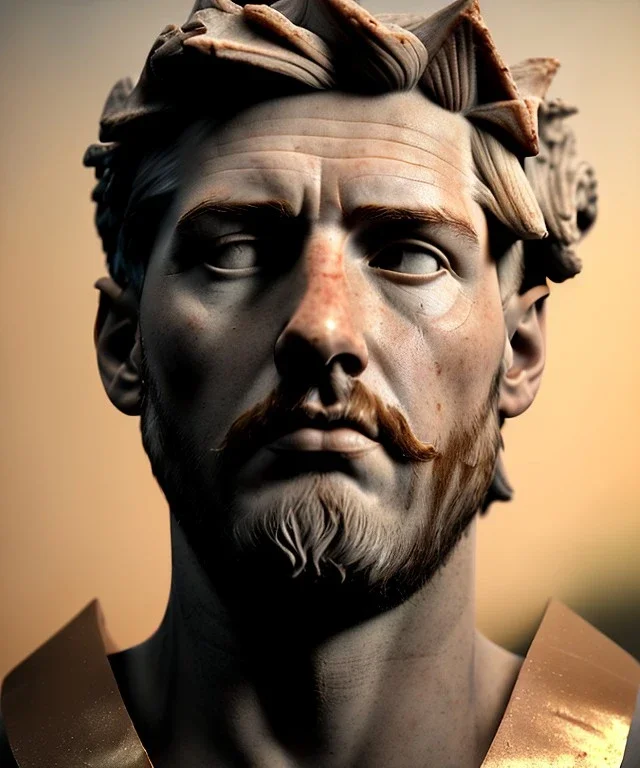 Gran angular, Realistic image, roman sculpture buste, marble deluxe material, Lionel Messi, gold Laurel crown model, miguel angel style, emperador, God light, god rays, 4k resolution, smooth details, ornate details, soft lighting, unreal engine 5, soft cyan background.