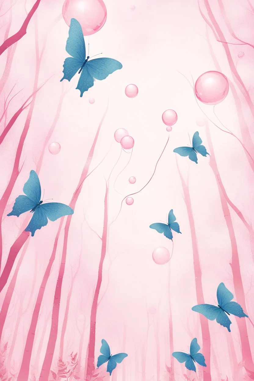 Butterflies and bubbles flying up to the sky through a pink birch forest