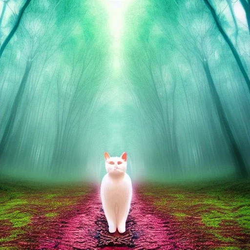 White cat walking in psychedelic forest