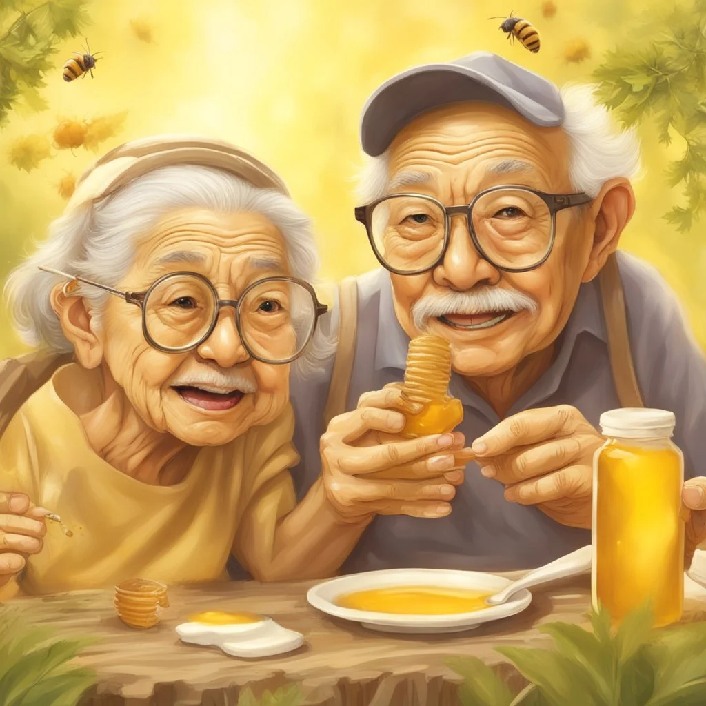 Grandpa and grandma enjoy eating in a planet of honey stingless bee, realistic