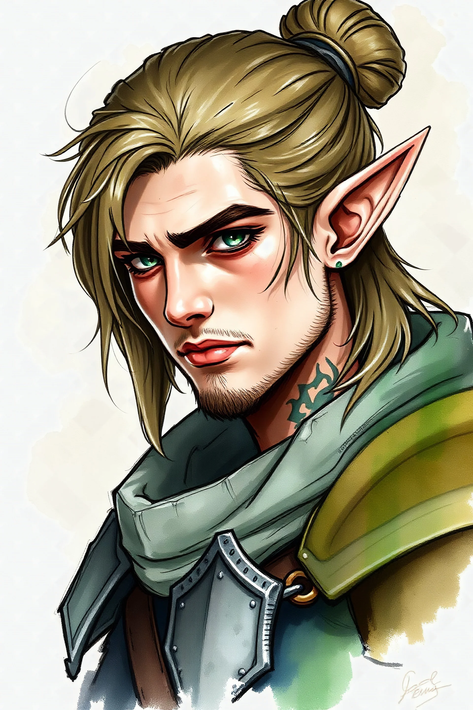 create a male fantasy dnd elf RPG portrait character illustration medium length hair in a bun face tattoo soft features armor in the art style of Wayne Reynolds, ink wash and watercolor, 8k, ArtStation, DeviantArt