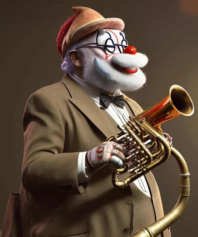 mechanoid old friendly fat clown with trimmed beard playing jazz with a steampunk theme, trumpet, realistic