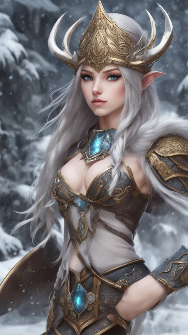 A very close picture to face Elf girl with ice viking them, 3d realistic anime style, high realistic, ultra detailed, ultra quality, intricate details, highly detailed