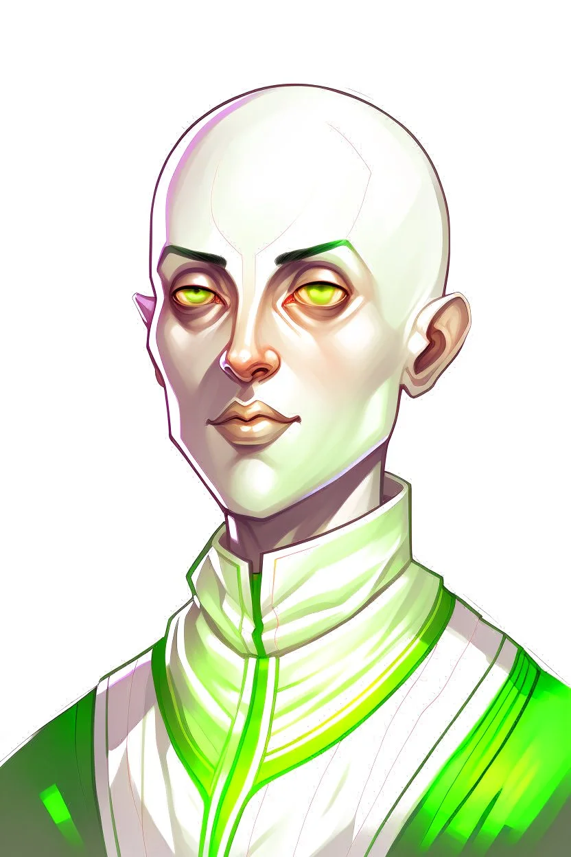 full color portrait drawing, portrait, 22-year old friendly female human cleric, shaved head, light eyebrows, grey eyes, wearing white (10%) and dark green (80%)