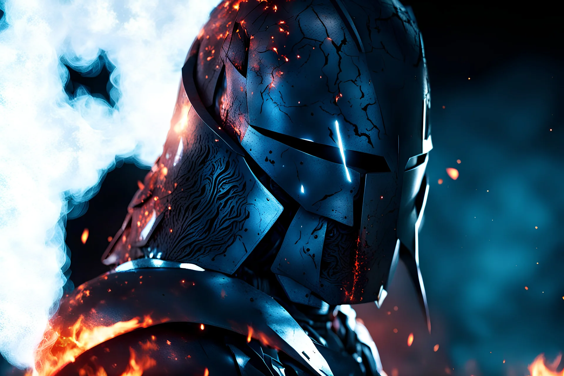 a figure in metallic armour stands in a blazing forest, burning down from crimson lightning strikes