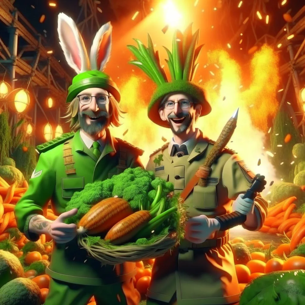 victory portrait of crazy cook and army officer holding huge carrots rockets inside grove with fluffy hare with mutations getting blasted by explosions, 4 k, down-light, soft light, depth of field, photo realism, trending on art station, high detail, spray paint