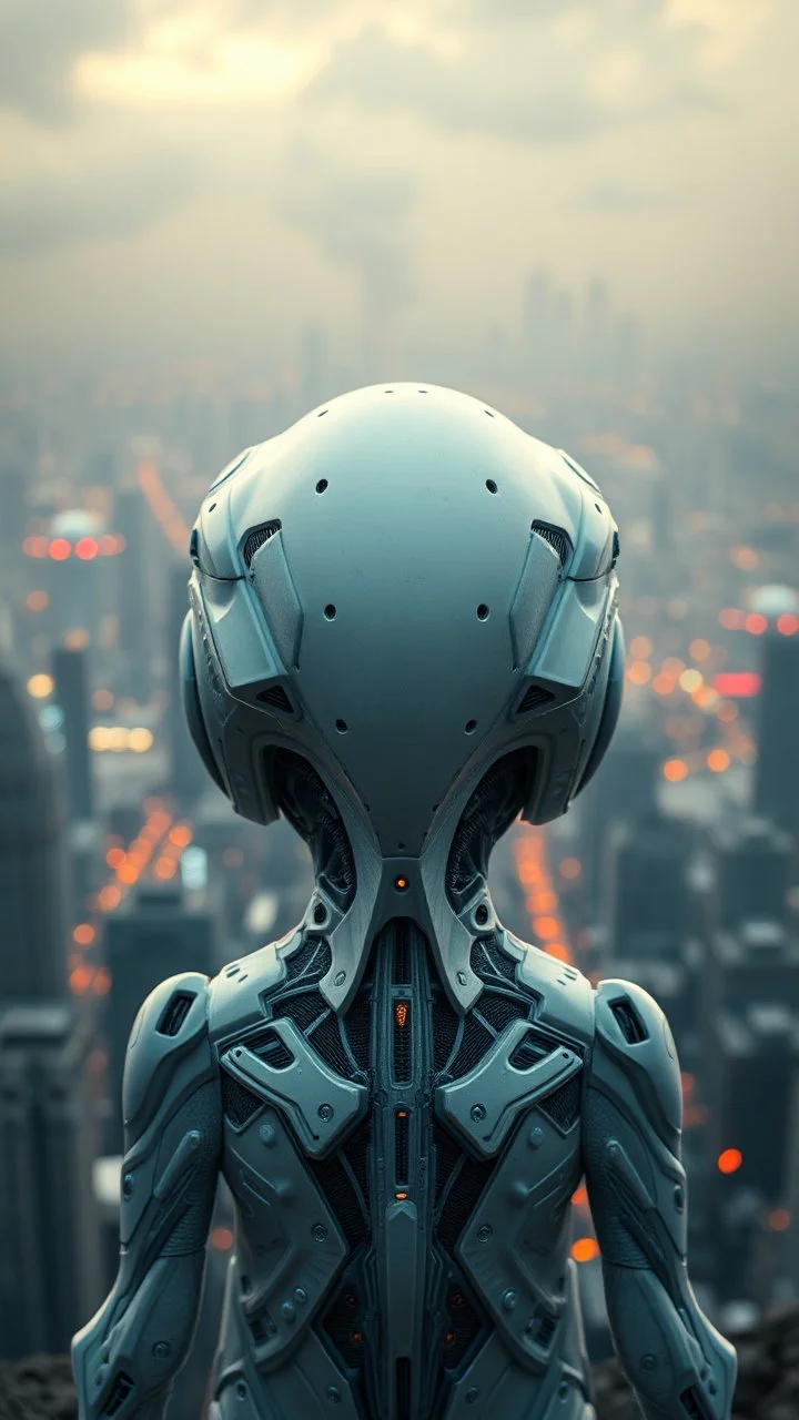 Photoreal Gorgeous godlike white alien cyborg rear view looking over a futuristic nuclear distraction of a city , otherworldly creature, in the style of fantasy movies, photorealistic, bokeh masterpiece smooth shading, ultra detailed, high resolution, cinematic, unreal 6, subtle shadows, octane render, 8k, cinema 4d, HDR, dust effect, vivid colors