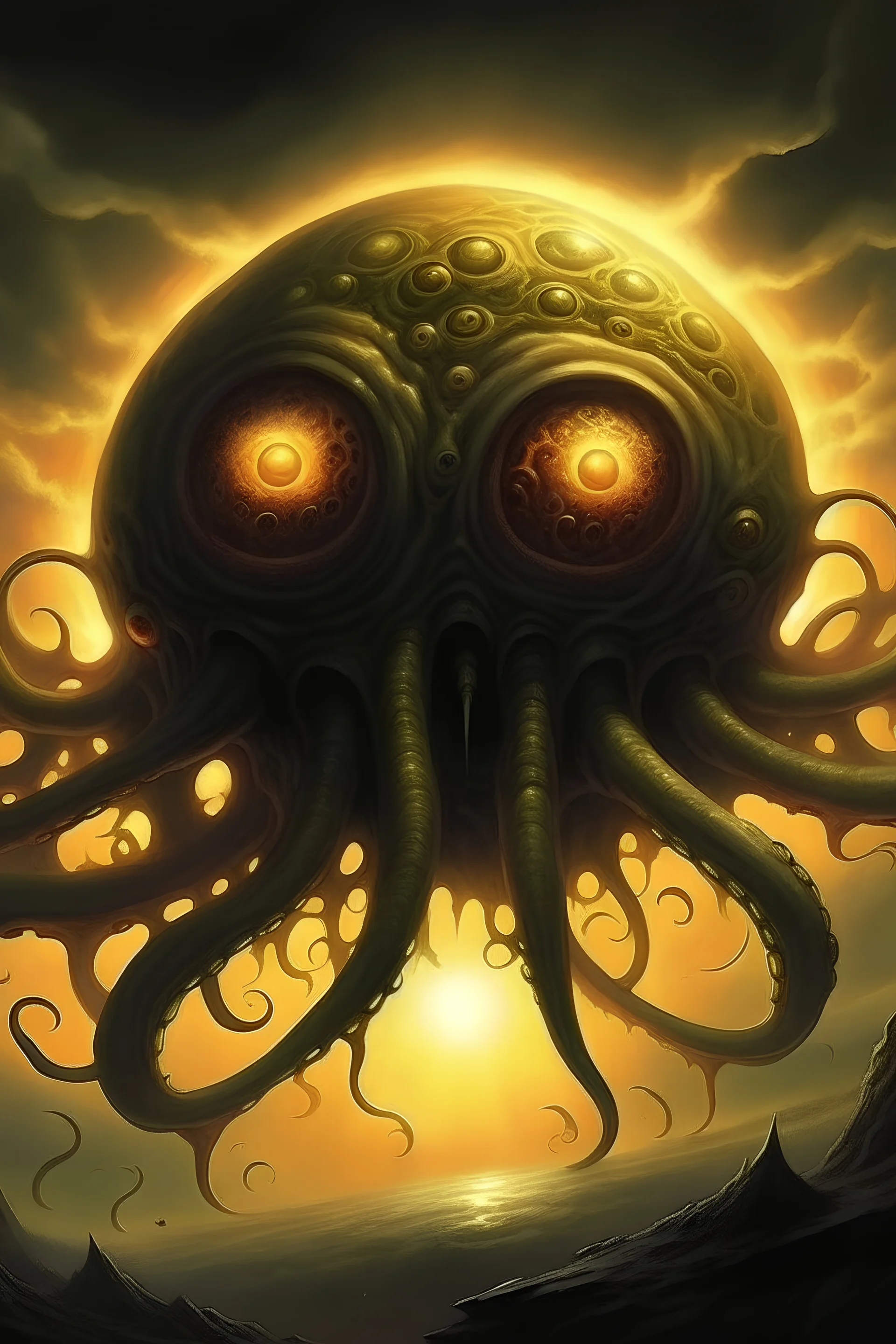 the eldritch embodiment of the sun, fleshy blob resembling the sun, with tentacles that serve as eyelashes for the large singular eye in the center, it looks like the sun but isn't