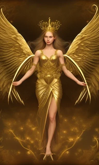 Angel with big wings and golden crown floating above the ground in the dark, forestSorrow