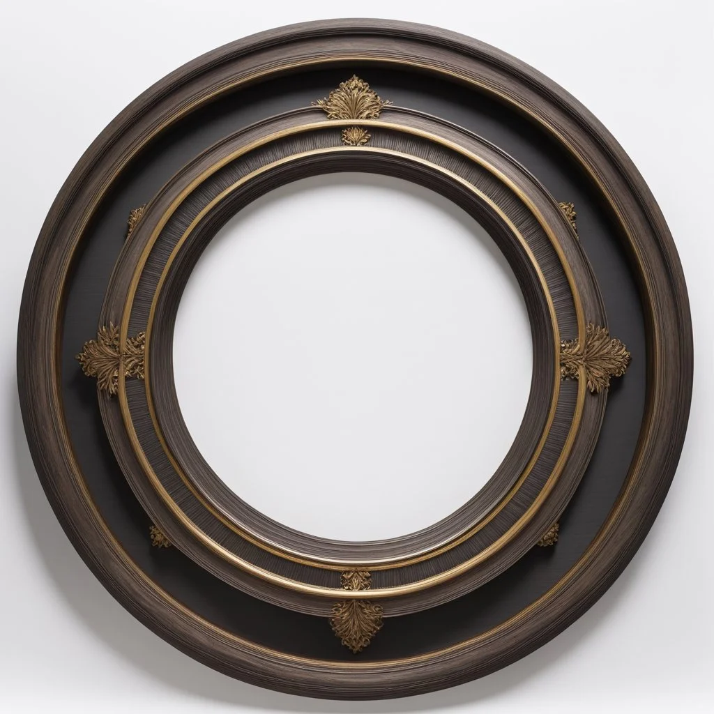 empty picture frame on white background, round circular, ecclesiastic clerical, ebony gray wood, golden inlays