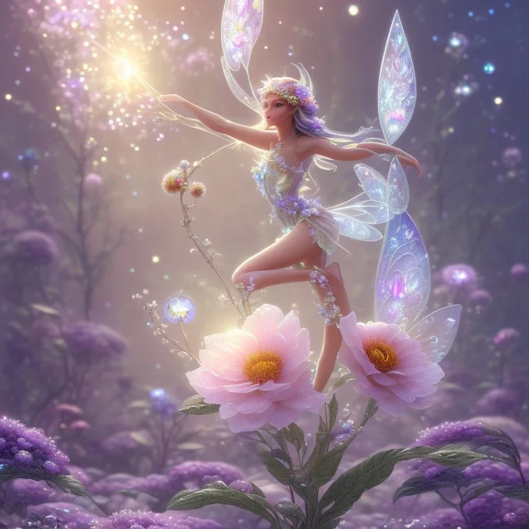 one big crystal subtle flower in a galactic ambiance with a beautiful fairy, transparent petals, delicate colors, in the foreground, full of details, smooth，soft light atmosphere, light effect，vaporwave colorful, concept art, smooth, extremely sharp detail, finely tuned detail, ultra high definition, 8 k, unreal engine 5, ultra sharp focus