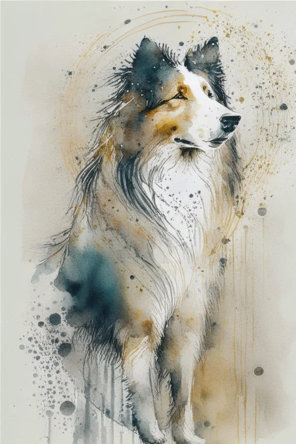 Abstract wet watercolour of a rough collie, ink lines, interlinked circles,