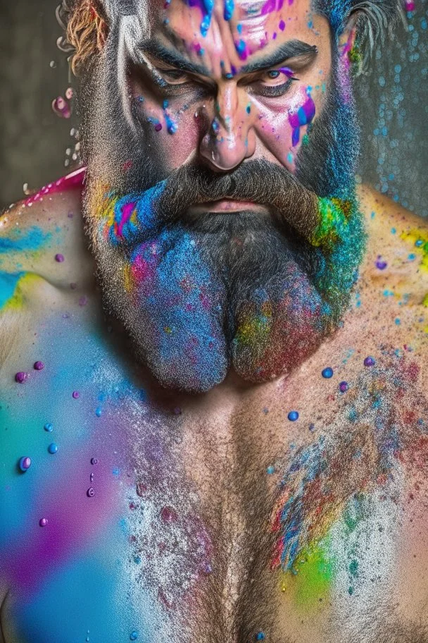 full body shot photography of a spanish burly bearded man 48 years old crossed arms, sweat wet muscular beefy, dirty tank top, swimwear, face with big drops of multicoloured paint, curly beard, big drops dripping, big ripples of multicoloured paint, big drops on the face, eye-to-eye, dripping multicolored paint, bullneck, long curly hair dripping, photorealistic, strong top light, ambient occlusion , view from the ground