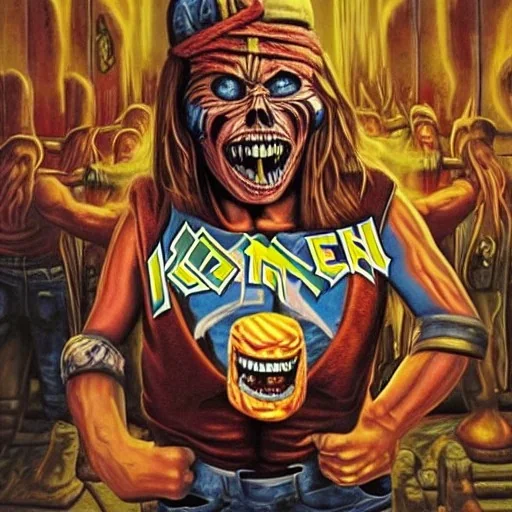 Eddie from an Iron Maiden album cover, except he is working in a fast food restaurant