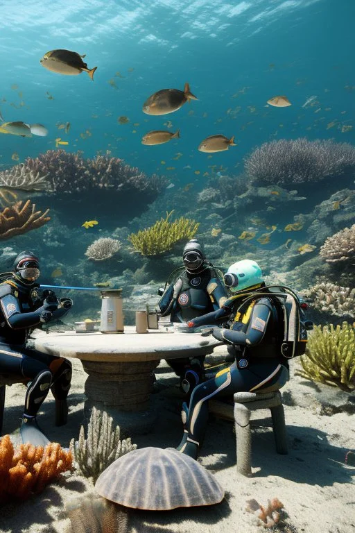 2 divers in full gear sitting at a round table having tea, the table is on the bottom of the dried out ocean, no water, around them are shattered dead fish, dead starfish, ship reck, 8 k realistic