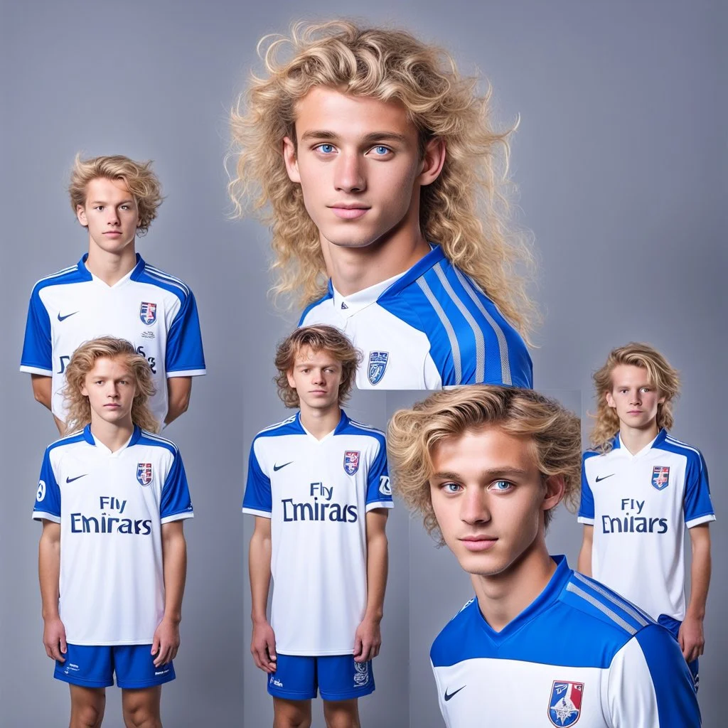 85mm DSLR color photography of a very detailed headshot fitting all of head and hair in frame. 18-year-old French soccer player, with blonde hair color and no facial hair and with blue eyes and with a small smile, grey background