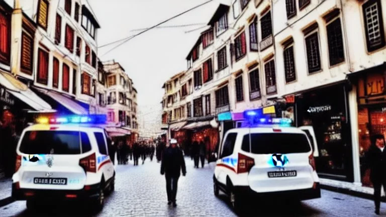 A police Tesla Cybertruck is chasing a Tesla 'Model S Plaid' at top speed, across the 'Grand Bazaar', in Istanbul, Turkey. CINEMATIC. WIDE ANGLE LENS. PHOTO REAL.
