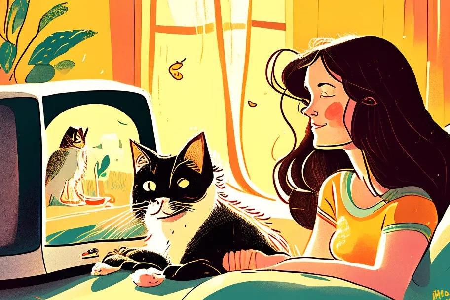 beautiful brunette woman watching tv with a cat, children's book illustration in style of Brigette Barrager, Sven Nordqvist and Nicole Rubel in sunshine