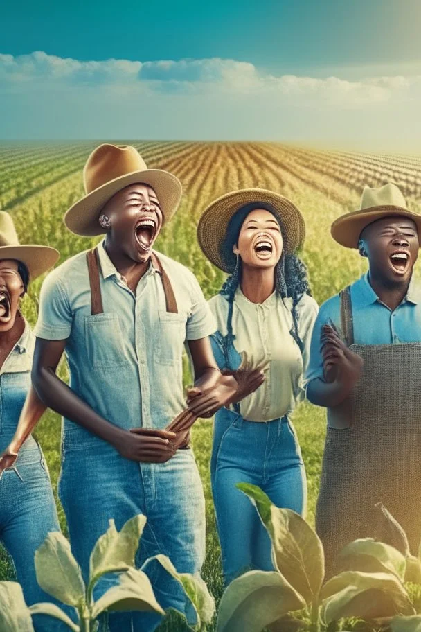 a diverse racial group of farmers singing in the farming field