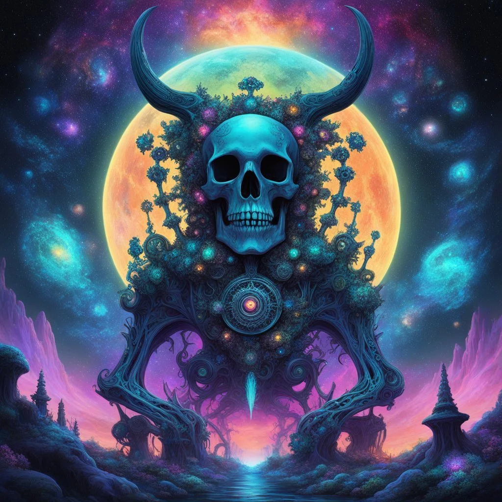A massive, psychedelic entity of ancient bone, a colossal skull creature with eyes of glowing, hallucinatory galaxies, sits amidst the swirling, neon-drenched nebulae of a cosmic graveyard. Its skeletal hands, textured with fractal growths of glowing lichen and impossible mineral formations, gently pluck the strings of an ornate, glowing lyre. The lyre itself is a celestial artifact, carved from cosmic wood and inlaid with shimmering shards of dying stars and pulsating, crystalline geometric str